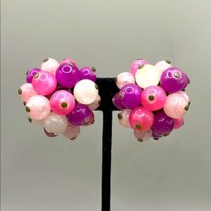 Vintage Pink Purple Beaded Clip On Statement Earrings
